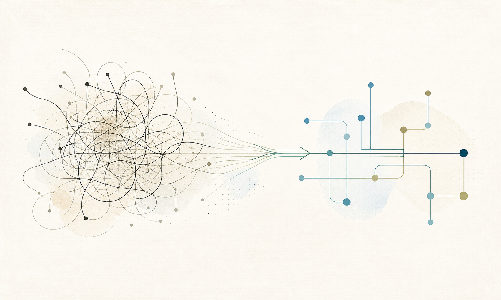 Abstrakte Illustration eines verworrenen Systems, das zu einem klaren organisierten Netzwerk wird